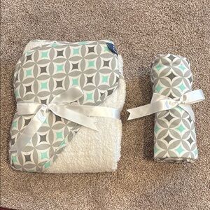 Gray and Aqua Geometric Baby Blanket and hooded towel set